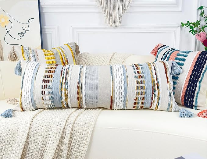 Chenille and Cotton Long Pillow for Bed, Striped Textured Boho Lumbar Throw Pillow Cover 16x36, Neutral Accent Decorative Extra Long Body Pillow Case for Couch, Sofa, Bedroom, Light Blue