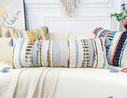 Chenille and Cotton Long Pillow for Bed, Striped Textured Boho Lumbar Throw Pillow Cover 14x36, Neutral Accent Decorative Extra Long Body Pillow Case for Couch, Sofa, Bedroom, Light Blue