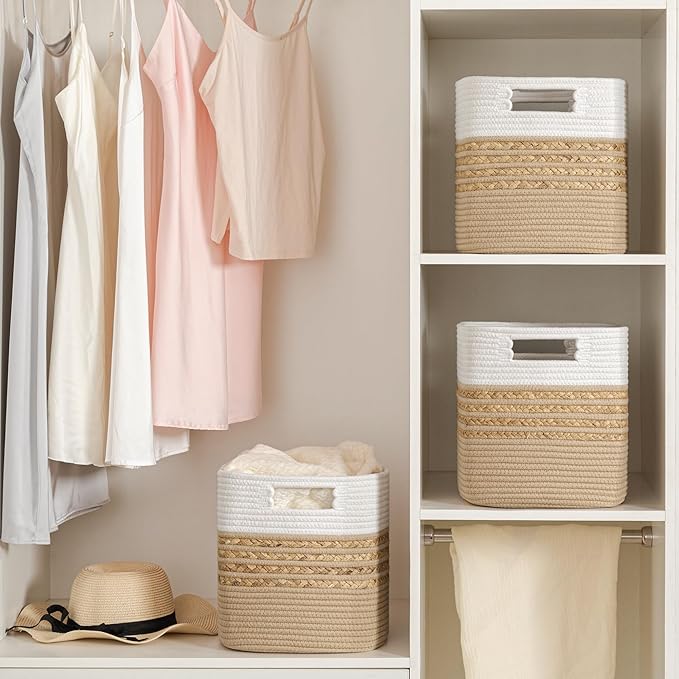 UBBCARE Set of 3 Storage Cubes 11 X 10.5 X 10.5 in, Water Hyacinth Storage Bins for Shelves, Toys, Book, Storage Baskets with Handles, Cotton Rope Woven Baskets for Organizing, Brown