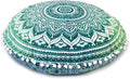 Round Mandala Floor Pillow Cover Seating Cushion Throw Cover Hippie Decorative Bohemian Ottoman Pouf Cover, Pom Pom Pillow Cases,Boho Indian 22 Inches (Green)