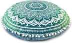 Round Mandala Floor Pillow Cover Seating Cushion Throw Cover Hippie Decorative Bohemian Ottoman Pouf Cover, Pom Pom Pillow Cases,Boho Indian 22 Inches (Green)