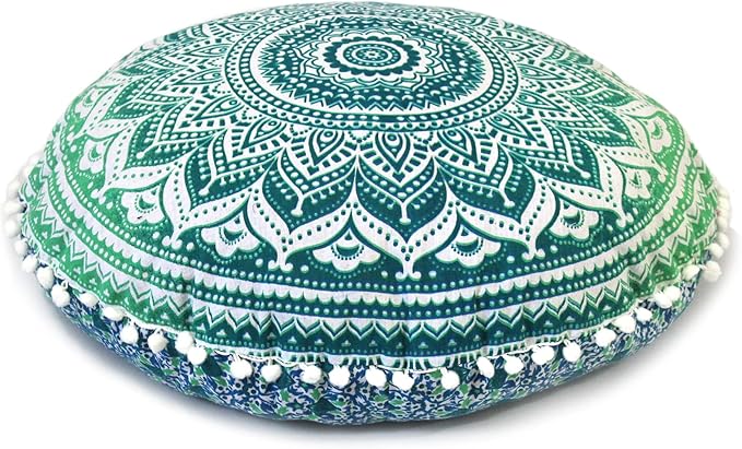 CRAFT KALA 22" IN Round Mandala Floor Pillow Cushion Cover Seating Throw Cover Hippie Decorative Bohemian Ottoman Poufs Cover Pom Pom Pillow Cases Boho Indian Cotton Living Room Home Décor Green Ombre