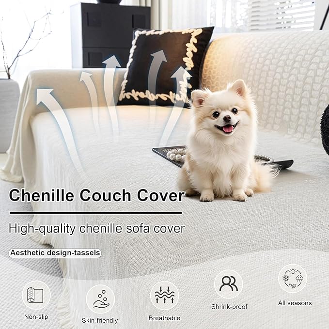 ROOMLIFE Boho White Couch Cover for Dogs, Washable Non Slip Furniture Protector Couch Sofa Covers for 3 Cushion Couch, Soft Chenille Couch Cover Throw Blanket with Tassels 71''X134''