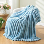 NEWCOSPLAY Super Soft Queen Blanket Blue Premium Silky Flannel Fleece 3D Ribbed Jacquard Lightweight Bed Blanket All Season Use (Blue Ribbed, Queen(90"x90"))