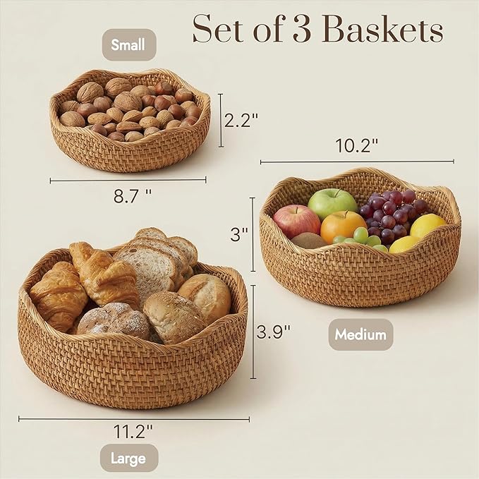 10.2” Fruit Basket, Wicker Basket Rattan Fruit Bowls, Small Decorative Bread Baskets, Handwoven Storage Basket, Natural Woven Serving Bowls Kitchen Counter Organizing Dining Room Snack Vegetable