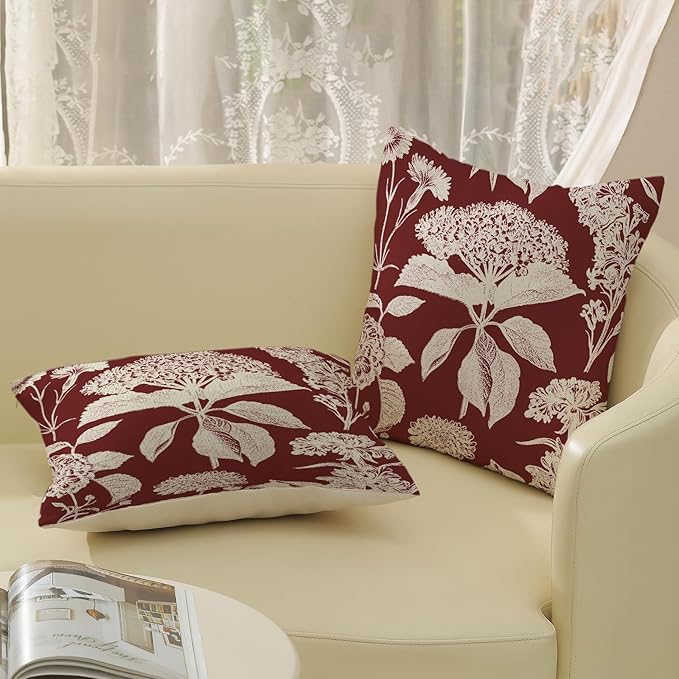 Burgundy Red Pillow Covers 18x18 Set of 2 Vintage Boho Herbs Botanical Floral HydrangeaThrow Pillows Outdoor Flower Decorative Pillow Cases Linen Farmhouse Cushion Case for Couch Sofa Decor
