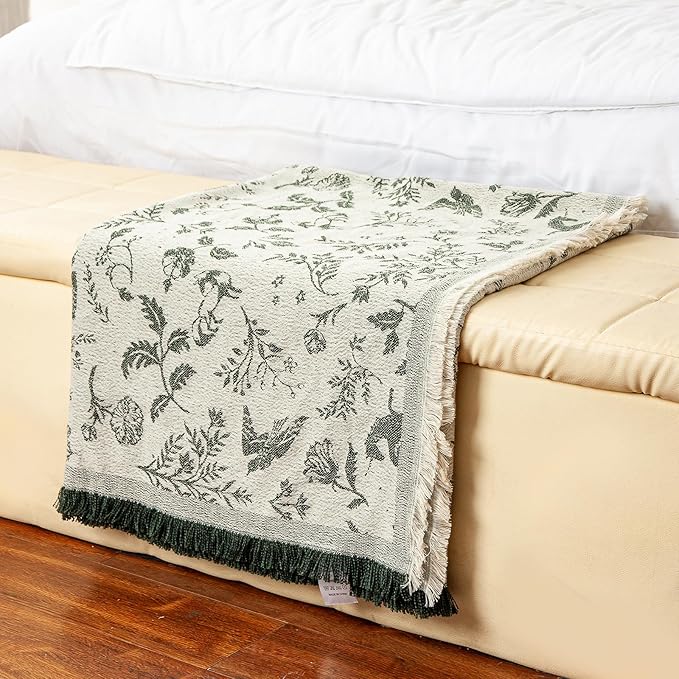 LALIFIT Boho Chic Decorative Throw Blanket Vintage Woodland Floral Bird Design with Tassels Soft Cotton Lightweight & Cozy for Home, Couch, Sofa, Farmhouse 50x60 Inches (Sage Green)