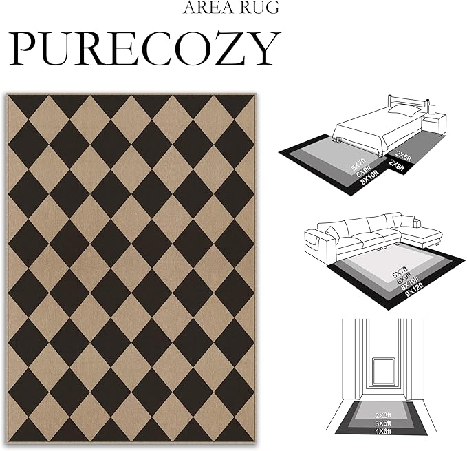 9x12 Checkered Easy Jute Area Rug for Living Room Large Checkerboard Washable Indoor Outdoor Carpet Farmhouse Patio Office Mat Geometric Non Slip Black Carpet for Backyard Dining Room