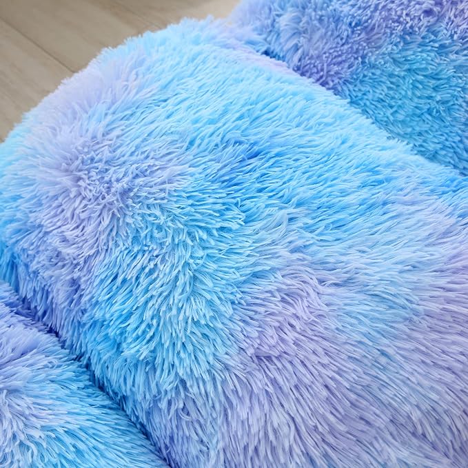 Mengersi Velvet Floor Pillows,Faux Fur Tie Dye Pillow Bed Floor Lounger Cover,Sleeping Mat for Kids Teen Toddler,Pillow Lounger for Reading Playing Games Party,Requires 5 Pillows(Queen,Blue)