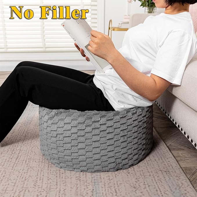 Fur Ottoman Stool Unstuffed Footstool Cover Pouf Foot Rest 20x20x12 Inches Round Poof Seat Floor Bean Bag Chair Foldable Storage for Living Room Bedroom Solid Grey