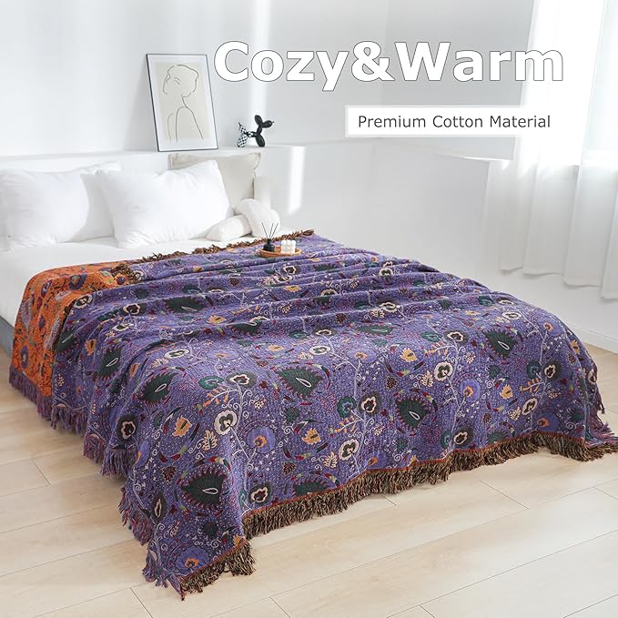 Boho Throw Blanket for Bed 100% Cotton Soft Lightweight Quilt Home Decor Purple Spring Bed Blanket,Floral Embroidery Reversible All Season Breathable Twin Throws for Sofa Couch Chair 60"x80"