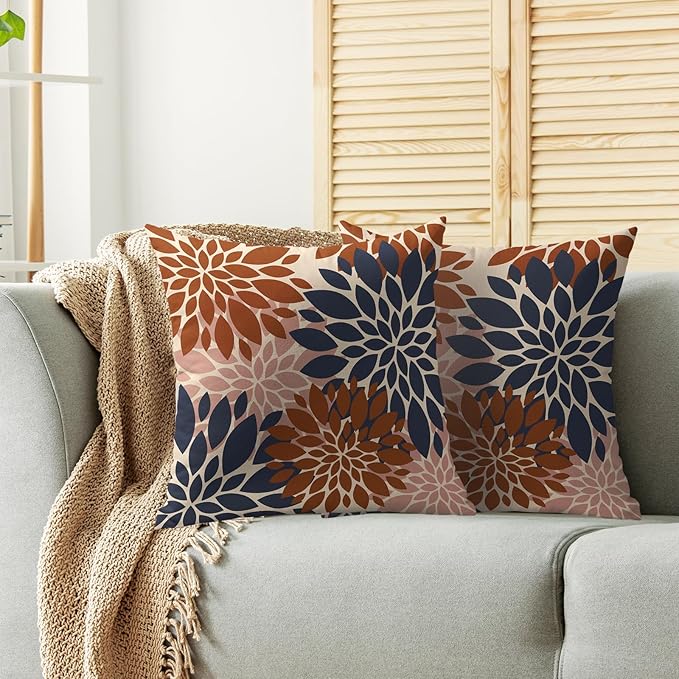 Navy Blue Burnt Orange Pink Pillow Covers 20X20 Inch Set of 2, Modern Dahlia Floral Print Decorative Throw Pillow Covers Outdoor Fall Farmhouse Cushion Case for Home Couch Sofa Bed Decoration