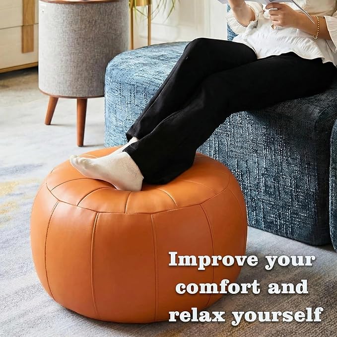 Leather Pouf - 20”Dx12”H, Wash-Free Tech Fabric Pouf Unstuffed Ottoman Moroccan Footstool, Floor Footrest Cushion, Storage Solution, Natural Orange Color Unstuffed Faux Leather Cover (Orange)