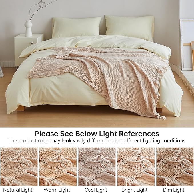 Simple&Opulence Cotton Muslin Throw Blanket 4 Layers for Bed, Couch, Woven Gauze Blanket with Tassels, Soft Lightweight Cozy Pre-Washed Breathable Farmhouse Decoration for All-Season(Light Khaki)