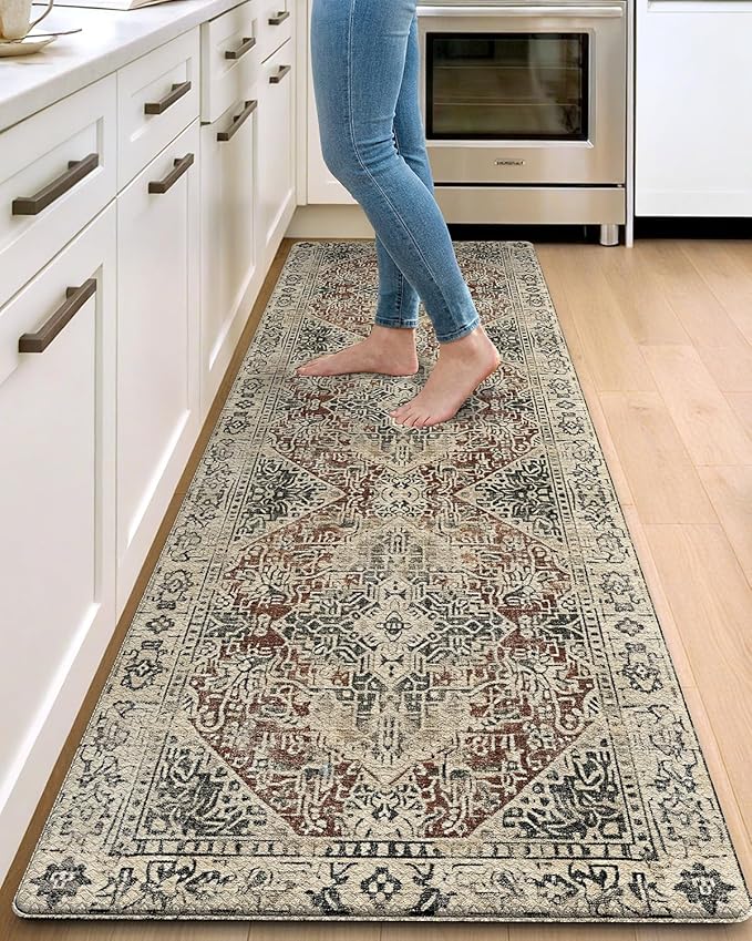 DEXI Kitchen Mats for Floor Cushioned, 23x86 Extra Large Long Runner Rug Non Slip, Waterproof Soft Comfort Standing Padded Anti Fatigue Decorative Cream Red