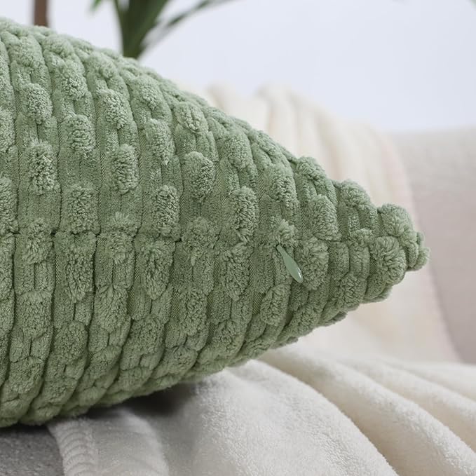 VAKADO Couch Sage Green Decorative Throw Pillow Covers 18x18 Set of 4 Spring Boho Corduroy Neutral Home Living Room Farmhouse Rustic Cushion Case Decor Square for Bed Sofa