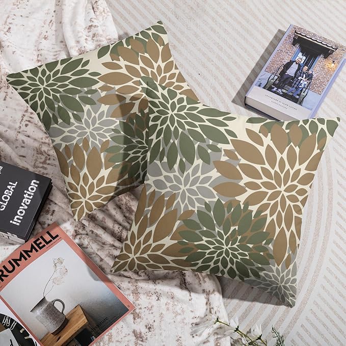 Brown Green Pillow Covers 22X22 Inch Set of 2, Spring Summer Floral Dahlia Flower Cream Decorative Throw Pillow Covers Outdoor Modern Farmhouse Cushion Case for Home Couch Sofa Bed Decor