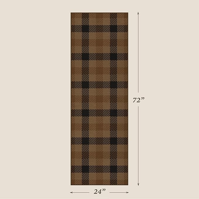 2x6 Runner Rug for Entrance Indoor - Brown Checkered Outdoor Runner Rug for Porch, Patio, Balcony, Non Slip Hallway Carpet 6ft, Washable Kitchen Mat - Easy Jute Earthy Tan Rustic Accent Décor