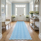 GarveeHome 2.6x10 Scalloped Washable Runner Rug for Kitchen, Soft Blue Long Hallway Runner Non Slip Entryway Rug Farmhouse Thin Laundry Mat Stain Resistant Carpet for Bathroom Beside Rug
