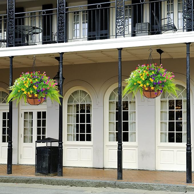 Artificial Fake Hanging Plants Flowers Basket for Outdoor Spring Summer Decorarion, UV Resistant Faux Rose Eucalyptus Boston Ferns Plants for Indoor Outside Garden Porch Patio Balcony Decor