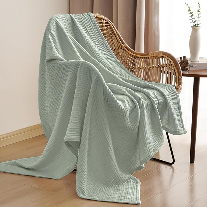 PHF 100% Cotton Muslin Throw XL Blanket Large 50" x 70", 4-Layer Lightweight Gauze Throw, Breathable Cloud-Soft Minimalist Blanket for Bed, Couch, Camping & Baby, Sage Green, Ideal Gift