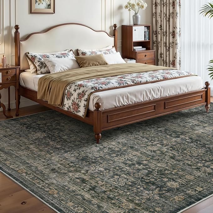 MontVoo-Vintage Area Rug 4X6 Green Rugs for Living Room-Soft Distressed Printed Rugs for Bedroom-Non Slip Carpet-Machine Washable Rug for Dining Room Living Room Bedside Office