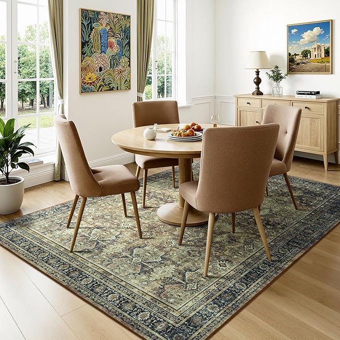 Lessymo 5x7 Washable Area Rug with Non Slip Backing,Soft Boho Indoor Carpets for Living Room Bedroom Nursery, Kid and Pet Friendly, Dark Brow