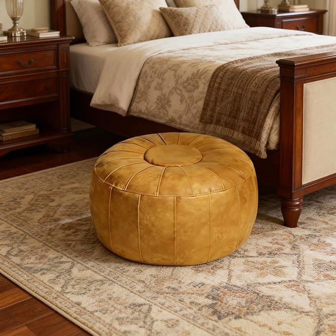 Thgonwid Unstuffed Moroccan Storage Pouf Foot Stool Ottoman Seat Handmade Faux Leather Bean Bag Floor Chair Foot Rest for Living Room, Bedroom or Balcony (Yellow)