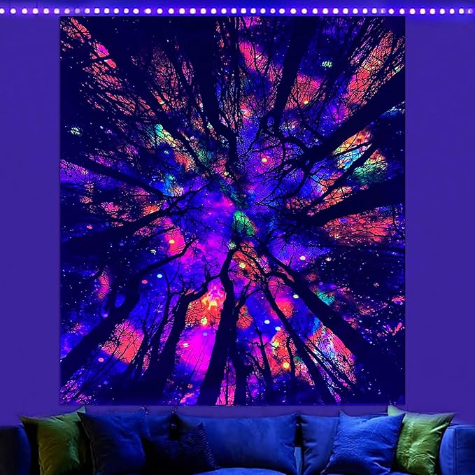 Blacklight Galaxy Forest Silhouette Tapestry for Bedroom Night Sky Ceiling Tapestry for Bedroom Decor Dark Forest Stars Tapestries Glow in the Dark Starry Night Tapestries UV Reactive Dorm Decor 60x80
