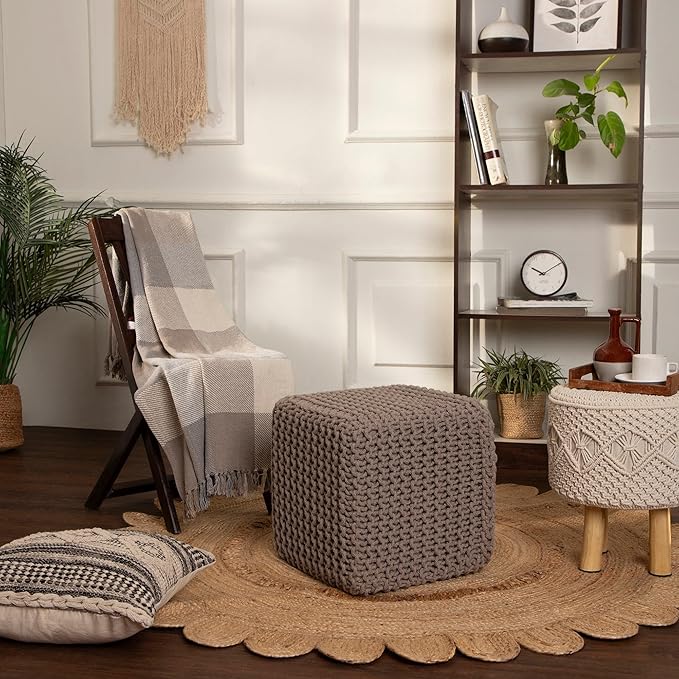 REDEARTH · Cube Pouf Foot Stool Ottoman - Hand Knitted Poof - Cord Boho Pouffe - Home Décor - Stuffed Footrest for Living Room - Bedroom - Nursery (16" x 16" x 16") - Taupe, Set of 2