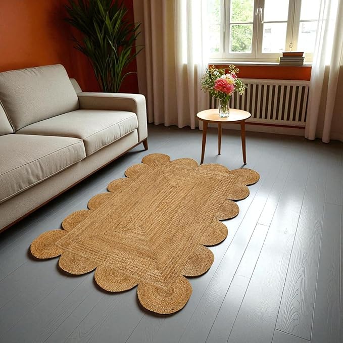MDS 1 PC Handwoven Braided Jute Area Rug 4ft x 6ft Rectangle Scalloped Edge, 100% Natural Jute Rustic Farmhouse Reversible Accent Rug for Bedroom Living Room Hallway Entryway Office Kitchen (4' x 6')