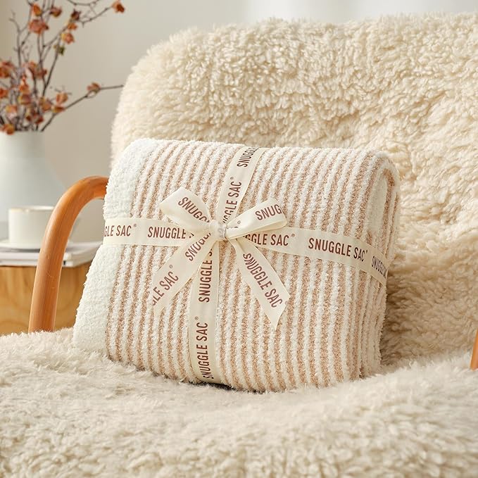 Snuggle Sac Fluffy Bedding Blanket Twin Size, Soft Luxurious Knit Throws, Fuzzy Microfiber Blankets for Couch, Sofa, Bed, Cream Beige, 60x80 inches