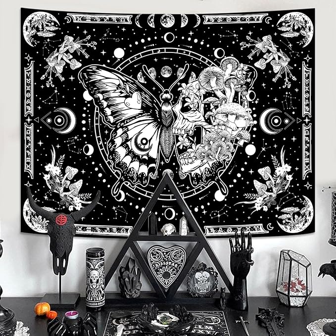 Skeleton Butterfly Tapestry Black and White Skull Mushroom Plants Tapestries Hippie Aesthetic Tapestry Wall Hanging for Bedroom Living Room Dorm (Black, 90” x 68”)