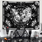 Skeleton Butterfly Tapestry Black and White Skull Mushroom Plants Tapestries Hippie Aesthetic Tapestry Wall Hanging for Bedroom Living Room Dorm (Black, 90” x 68”)