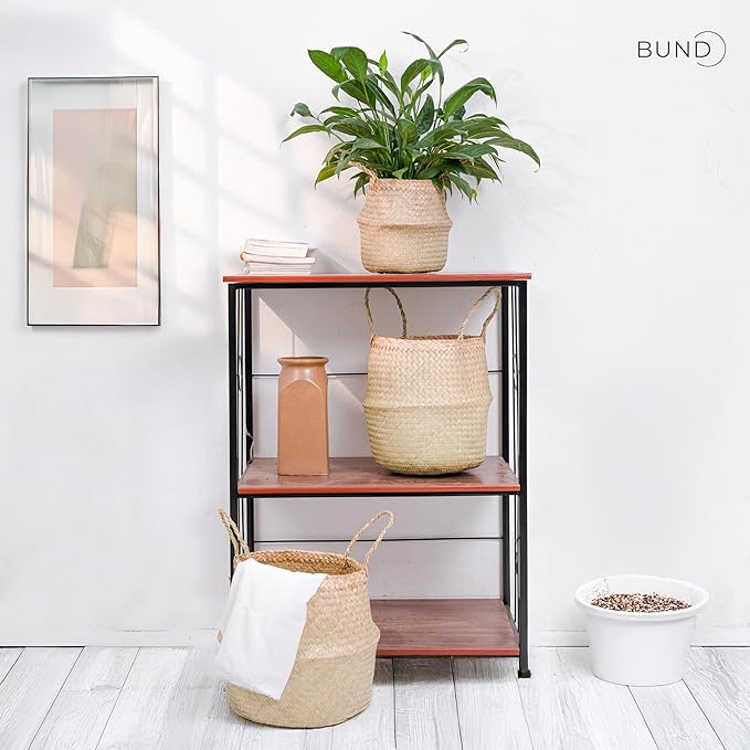 Woven Seagrass Belly Basket For Storage Plant Pot Baskets Laundry Picnic Grocery Baskets Woven Plant Pot Holder Home Decor For Storage Plants Wicker Laundry Basket (Large)