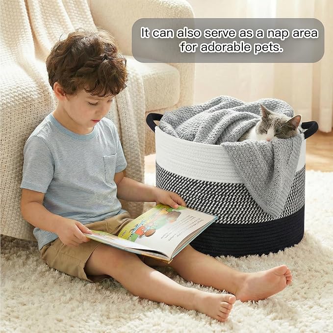 100L Large Cotton Rope Basket, Decorative Woven Blanket Storage for Living Room, Boho Toy Storage & Toy Box for Kids, Versatile Laundry Basket & Nursery Hamper for Blankets(Black)