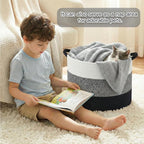 40L Large Cotton Rope Basket, Decorative Woven Blanket Storage for Living Room, Boho Toy Storage & Toy Box for Kids, Versatile Laundry Basket & Nursery Hamper for Blankets(Black)