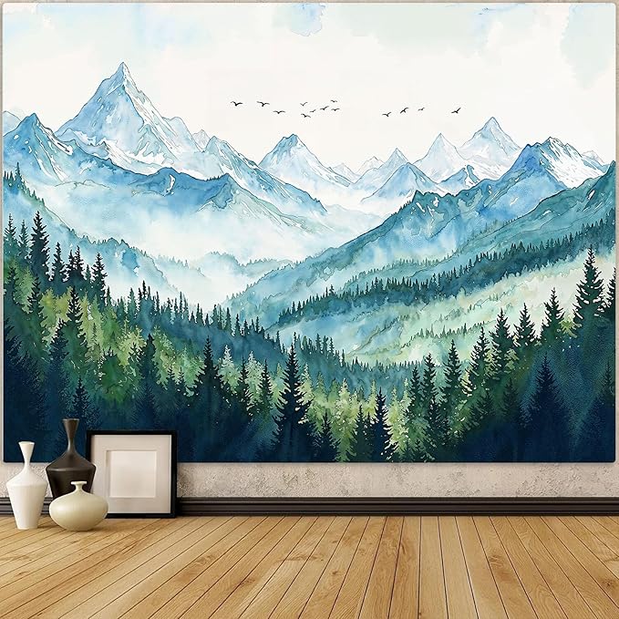Accnicc Nature Forest Mountain Tapestry Green Misty Pine Tree Wall Tapestry for Bedroom Aesthetic Watercolor Woods Landscape Large Tapestries Wall Hanging for Living Room Dorm Decor 80 x 60 Inch