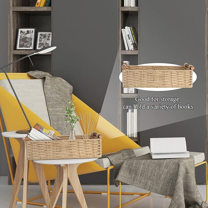 Round Paper Rope Storage Basket with Handle, Beige, 14.5in x 6.6in x 3.74in
