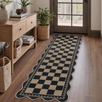 Checkered Easy Jute Runner, 2x6 Kitchen Runner Rug Non Slip Washable Rug for Entryway Indoor, Checkerboard Indoor Outdoor Scalloped Carpet for Hallway Laundry Balcony