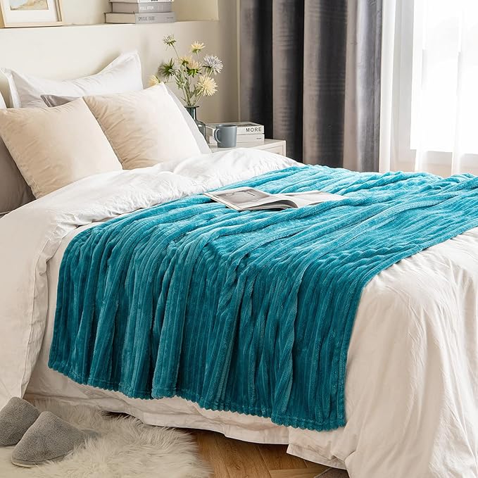MIULEE Fleece Throw Blanket for Couch 300GSM Super Soft Lightweight Plush Striped Blanket, Teal Blue Warm Cozy Breathable Ribbed Flannel Blanket for Bed/Sofa, Twin Size 60"x80", Turquoise
