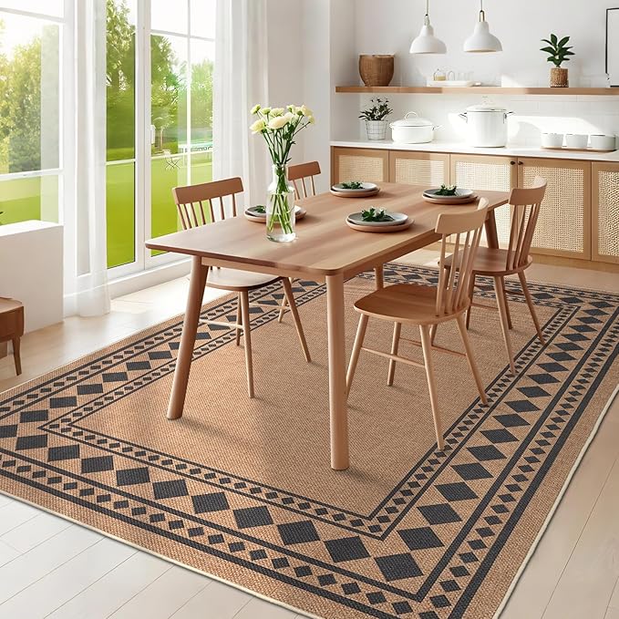 GarveeHome Solid Bordered Easy Jute Rug 5x7 Washable Jute Rugs for Living Room Patio Farmhouse Indoor Outdoor Rug Non Slip Non-Shedding Neutral Rugs for Patio Backyard Dining Room Bedroom, Brown