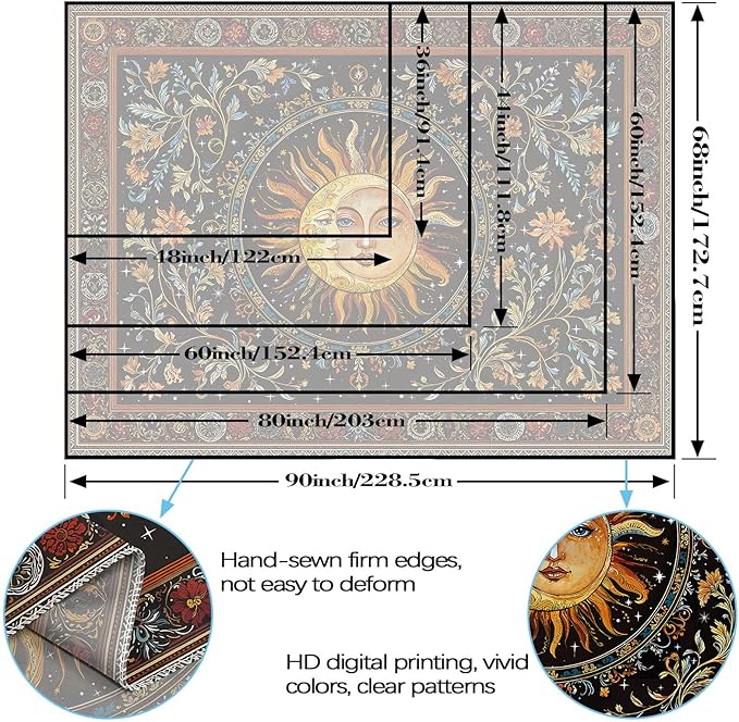Accnicc Vintage Sun and Moon Tapestry Hippie Indie Boho Floral Wall Tapestry for Bedroom Aesthetic Stained Glass Celestial Plant Small Tapestries Wall Hanging for Living Room Dorm 60 x 44 Inch