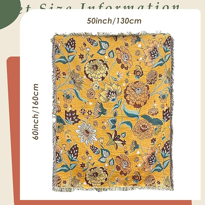 Snycler Boho Throw Blanket for Bed 50 * 60inch Woven Blanket Cotton Polyester Farmhouse Decor for Indoor Outdoor Sofa Bedroom Garden，All Season(Yellow)