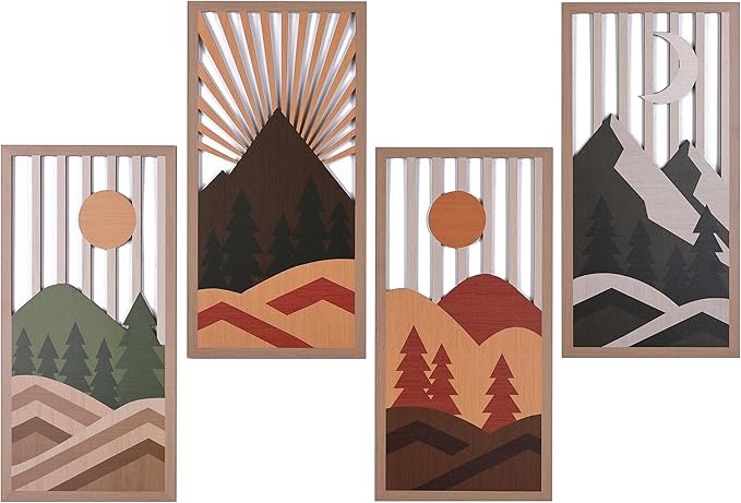 suruim Boho Wall Art Set of 4, Abstract Geometric Wooden Wall Decor, Mid-Century Modern Aesthetic Artwork with Arch, Vase & Botanical Design for Modern Home Decor for Bedroom, Office & Living Room(F)
