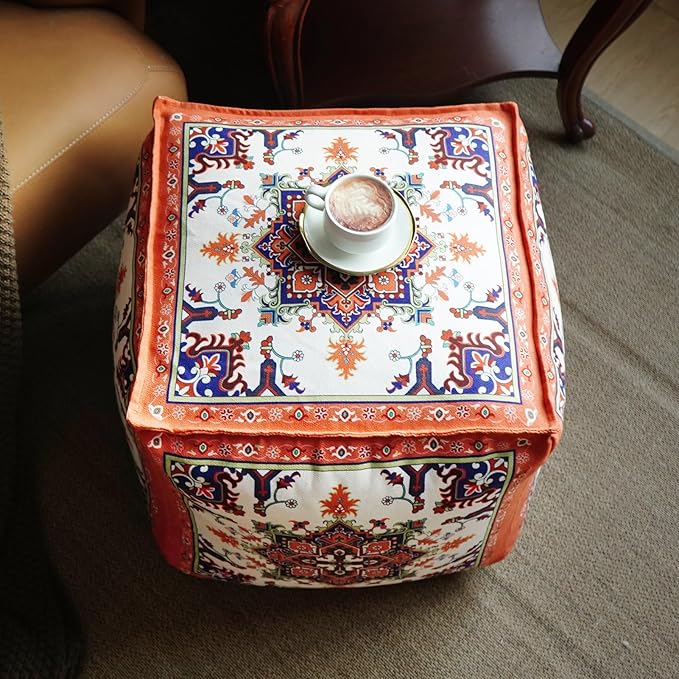 Unstuffed Pouf Cover Ottoman Footrest Bohemian Chenille Foot Stool Floor Bean Bag 18x18x18 Inches for Living Room Bedroom Home Decor (Orange, Cube)