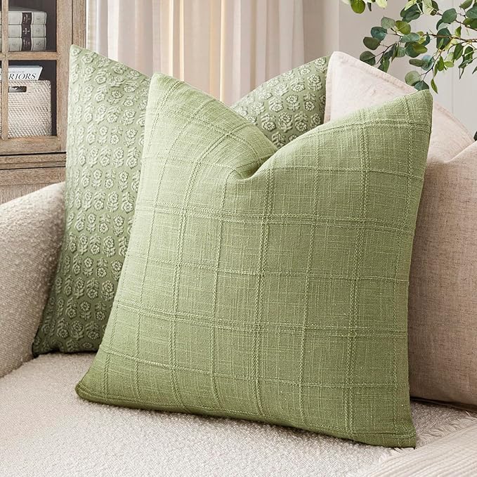 Foindtower Set of 2 Decorative Linen Check Throw Pillow Covers Neutral Farmhouse Vintage Cushion Covers Modern Boho Accent Home Decor for Sofa Chair Couch Bedroom Living Room,20×20 Inch,Light Green