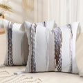 decorUhome Boho Decorative Throw Pillow Covers 18x18 Set of 2, Striped Chenille Tufted Pillow Covers with Tassels for Couch Bed Sofa, Cream White and Khaki