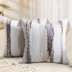 decorUhome Boho Decorative Throw Pillow Covers 18x18 Set of 2, Striped Chenille Tufted Pillow Covers with Tassels for Couch Bed Sofa, Cream White and Khaki