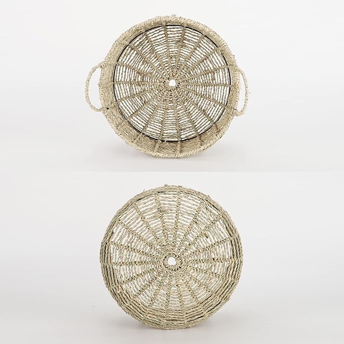 Round Seagrass Storage Basket with Handles - Handwoven Wicker Basket (12.01"Dx5.51"H)